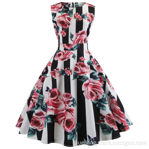 Womens flower printed lady vintage 50s sleeveless dress